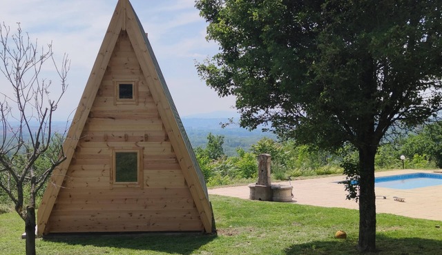 fully-equipped wooden chalet with whirlpool bath
