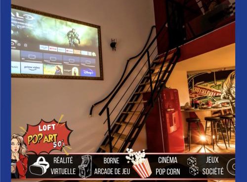 LOFT "POP ART 50's" - Cinéma rétroprojecteur - WIFI Fibre - Borne arcade 5000 jeux - Réalité virtuelle - 2 lits doubles -IDÉAL PROFESSIONNEL & FAMILLE à Saint Etienne
