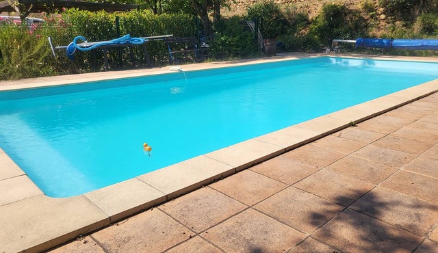 Spacious, fully equipped studio with a terrace, large pool, and shared kitchen